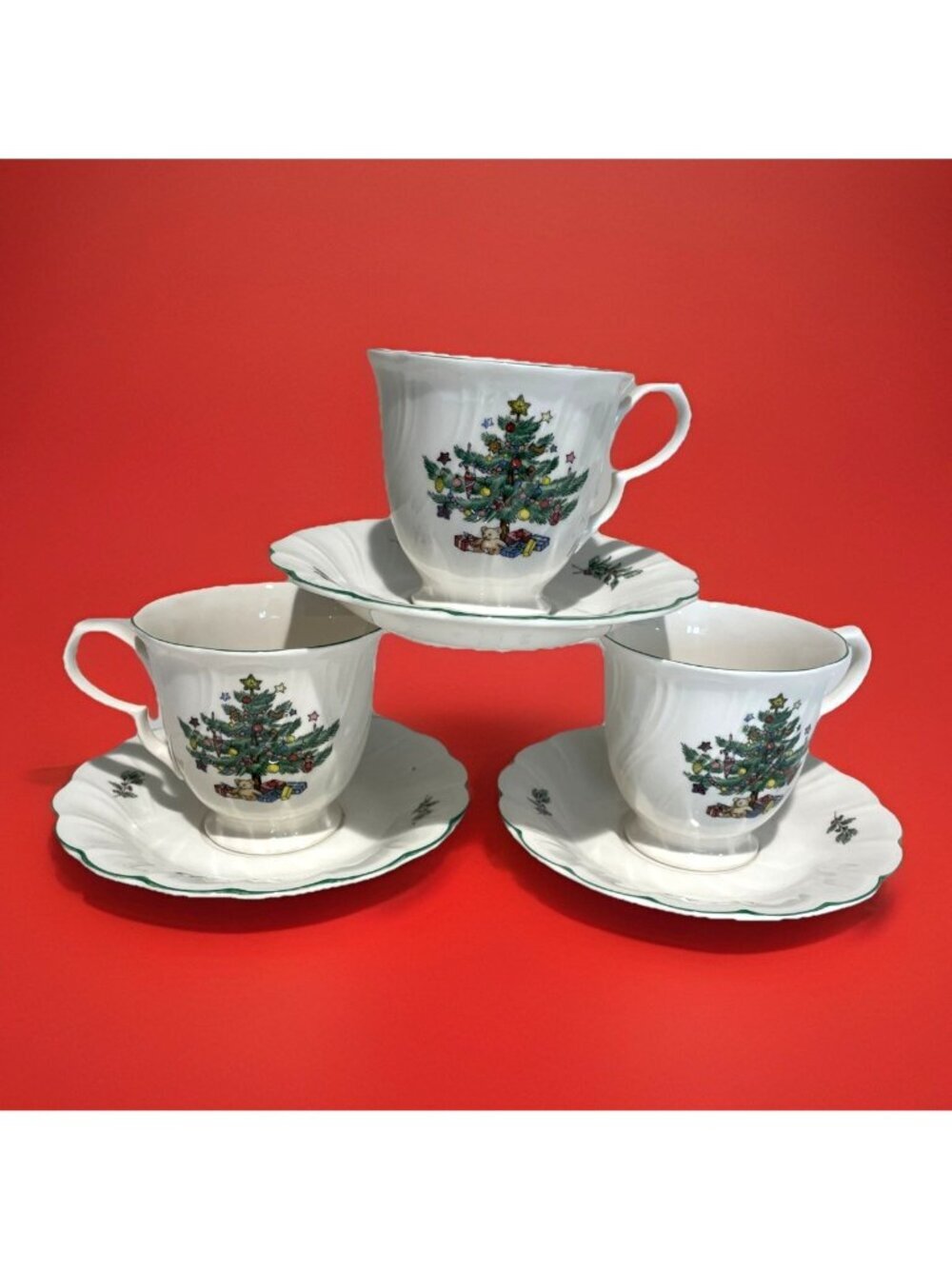 Vintage Nikko Happy Holidays Cup & Saucer Sets Christmas Tree Japan Lot of 3